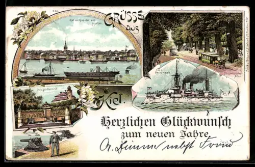 Lithographie Kiel, Düsternbrooker Allee mit Strassenbahn, Dampfer S. M. S. Brandenburg, Krieger-Denkmal