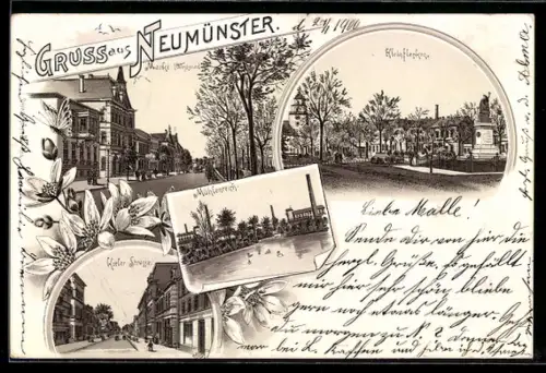 Lithographie Neumünster, Kleinflecken, Mühlteich und Kieler Strasse