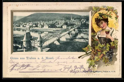 Passepartout-Lithographie Traben a.. d. Mosel, Totalansicht mit Moselbrücke, Weikönigin