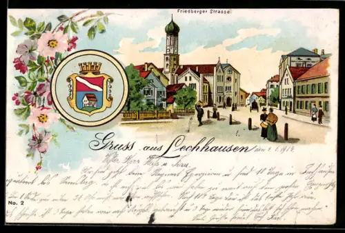 Lithographie Lechhausen, Friedberger Strasse mit Kirche, Wappen, Blumen