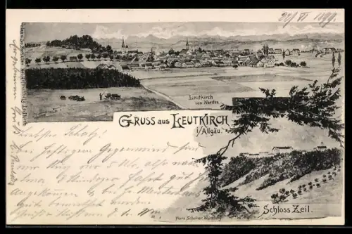 Künstler-AK Leutkirch /Allgäu, Schloss Zeil, Gesamtansicht mit Kuhweide und Bergblick