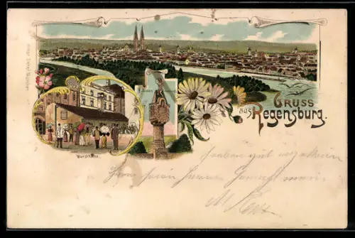 Lithographie Regensburg, Totalansicht, Wurstküche, Brückenmanndl