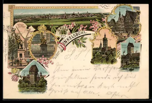 Lithographie Dinkelsbühl, Stadtansicht, Hotel Deutsches Haus, Haucke-Turm, Krieger-Denkmal, Rotenburger Tor