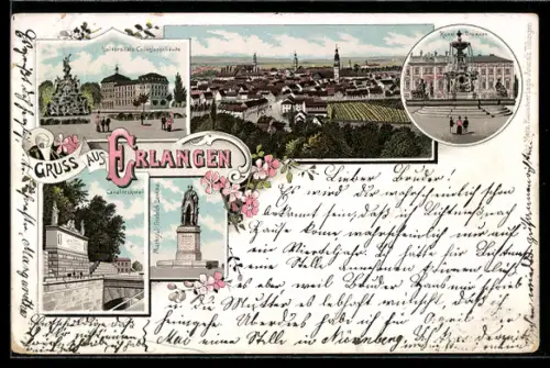 Lithographie Erlangen, Universitäts-Collegien, Kunst-Brunnen