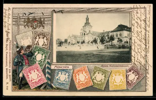 Lithographie München, Neues Nationalmuseum, Postillon mit Horn, Wappen, Briefmarken