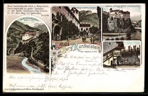 Lithographie Bozen, Burg Runkelstein, Rückseite, Burghof mit Restauration