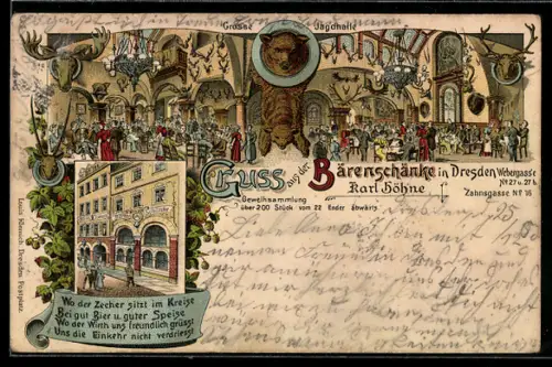 Lithographie Dresden, Gaststätte Bärenschänke, Webergasse und Zahngasse, Grosse Jagdhalle