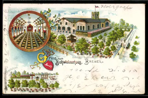 Lithographie Bremen, Gaststätte Schweizerhaus aus der Vogelschau, Kegelbahnen, Saal, Wappen