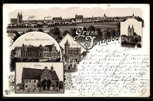 Vorläufer-Lithographie Jüterbog, 1895, Ev. Nicolai-Kirche, Dammtor, Kasernement, Rathaus