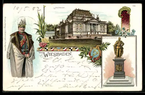 Lithographie Wiesbaden, das Hoftheater, das Kaiser Friedrich Denkmal