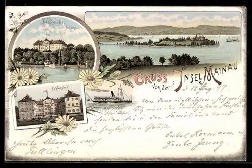 Lithographie Insel Mainau, Panorama, Landungsplatz mit Schloss, Schlosshof