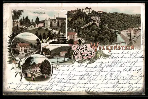 Vorläufer-Lithographie Wolkenstein, 1895, Gasthaus Waldmühle, Hüttenmühle, Warmbad