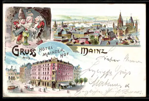 Lithographie Mainz, Hotel Mainzer Hof, Zwerge im Weinkeller, Totalansicht