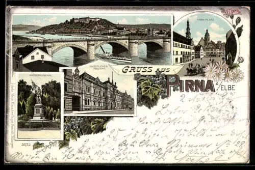 Lithographie Pirna /Elbe, Elbbrücke, Marktplatz, Kaiserliches Postamt
