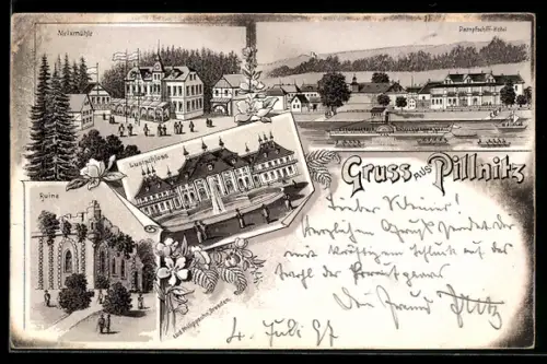 Lithographie Dresden-Pillnitz, Meixmühle, Ruine, Lustschloss, Dampfschiff-Hotel
