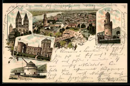 Lithographie Andernach, Ortsansicht, Dom, Runder Thurm