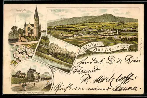 Lithographie Bad Neuenahr, Bahnhof / Restaurant Goeres, Curhotel, Gesamtansicht