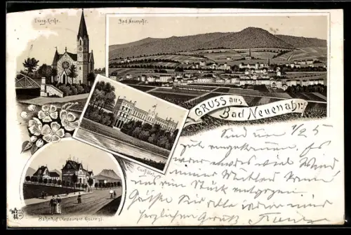 Vorläufer-Lithographie Bad Neuenahr, 1895, Totalansicht, Evangelische Kirche, Bahnhof m. Restaurant Goeres