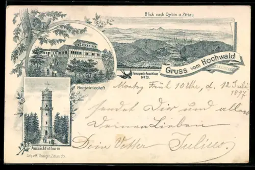 Lithographie Oybin, Hochwald, Gaststätte Bergwirtschaft u. Aussichtsturm, Blick nach Oybin u. Zittau