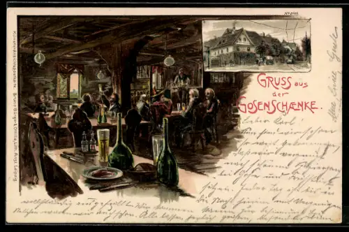 Lithographie Leipzig, Gasthaus Gosenschänke, Innennsicht mit Gästen