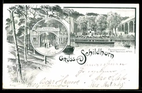 Lithographie Berlin-Schildhorn, Wirtshaus Schildhorn v. R. Schmidt, Dampfer