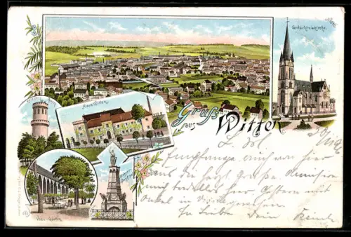 Lithographie Witten, Haus Witten, Voss-Garten, Helenenturm, Gesamtansicht