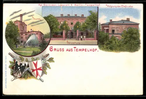 Lithographie Berlin-Tempelhof, Garnison-Lazareth 2, Wohnung des Chefarztes, Tempelritter- u. Reichswappen
