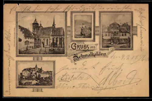 AK Schmalkalden, Ortspartie mit Kirche, Teilansicht, Gebäudeansicht, Landarbeiterin in Tracht