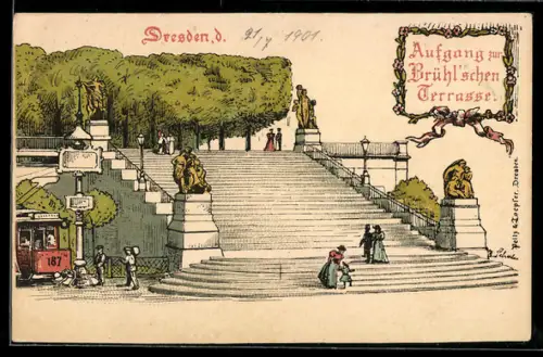 Lithographie Dresden, Aufgang zur Brühlschen Terrasse mit Strassenbahn u. Haltestelle