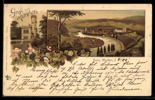 Lithographie Hann. Münden, Ortspanorama mit Fluss