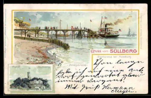 Lithographie Hamburg-Blankenese, Dampfer am Anleger, Restaurant Rohn auf dem Süllberg