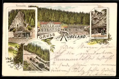 Lithographie Rübeland, Gasthaus, Hermannshöhle, Bismarcktunnel mit Bahn