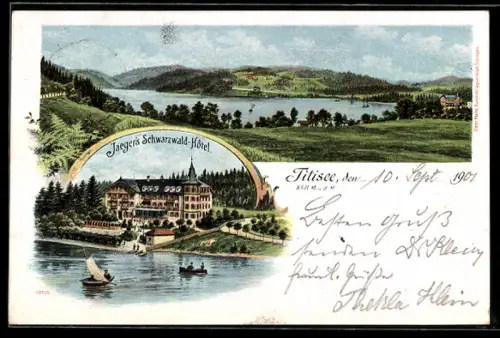 Lithographie Titisee, Jaegers Schwarzwald-Hotel, Panorama mit See