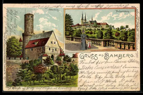 Lithographie Bamberg, Altenburg, Michaelsberg mit Promenade