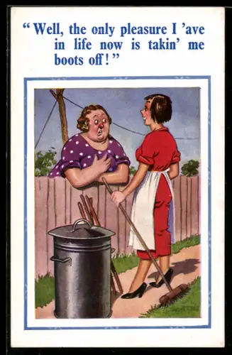 Künstler-AK Donald McGill: Zwei Hausfrauen unterhalten sich am Zaun