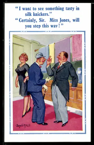 Künstler-AK Donald McGill: Zwei Herren unterhalten sich neben einer attraktiven Dame