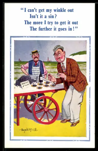 Künstler-AK Donald McGill: Verwirrter Mann steht an einem Obststand