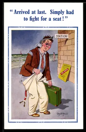 Künstler-AK Donald McGill: Mann mit blauem Auge und zerrupfter Kleidung am Bahnhof