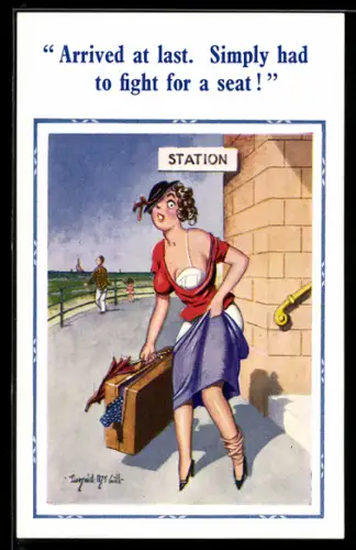 Künstler-AK Donald McGill: Attraktive Frau mit durcheinandergebrachter Kleidung