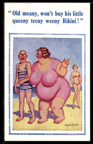 Künstler-AK Donald McGill: Korpulente Dame im Kontrast zu einer Frau im Bikini