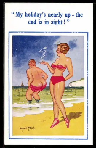 Künstler-AK Donald McGill: Rauchende Frau im Bikini am Strand