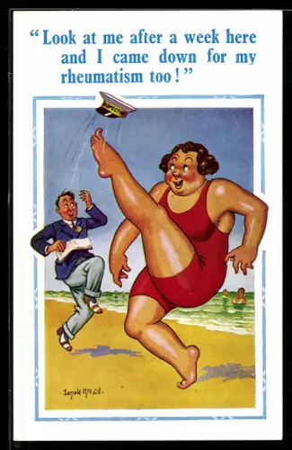 Künstler-AK Donald McGill: Frau im Badeanzug tritt die Mütze eines Inspektors