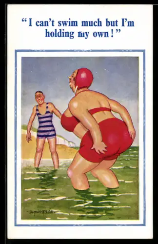 Künstler-AK Donald McGill: Frau hält sich an ihrem Hintern fest