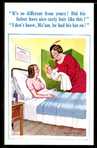 Künstler-AK Donald McGill: Frau im Wochenbett mit einem Neugeborenen