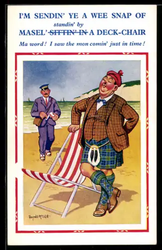 Künstler-AK Donald McGill: Mann im Kilt neben einem Strandstuhl