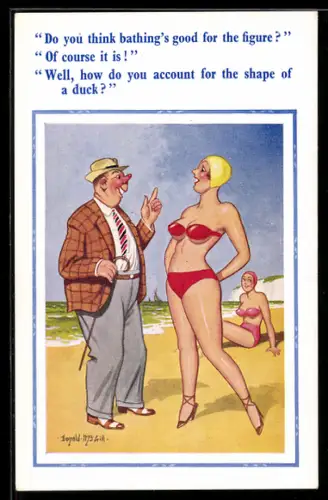 Künstler-AK Donald McGill: Mann im Anzug unterhält sich mit einer Frau im Bikini