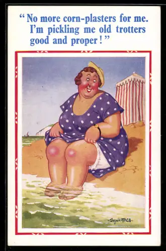 Künstler-AK Donald McGill: Korpulente Dame hält ihre Füsse am Strand ins Wasser