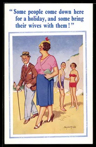 Künstler-AK Donald McGill: Mann läuft Arm in Arm mit seiner Frau über den Strand, vorbei an einer Dame im Bikini