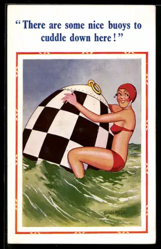 Künstler-AK Donald McGill: Attraktive Frau im Bikini hält sich an einem Wasserspielzeug fest