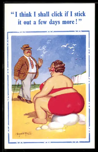 Künstler-AK Donald McGill: Korpulente Frau sitzt auf einem Stein am Strand